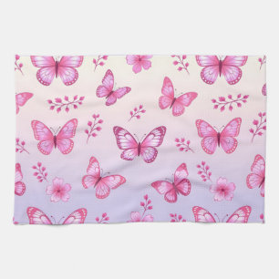 Pink butterflies and flowers pattern tea towel