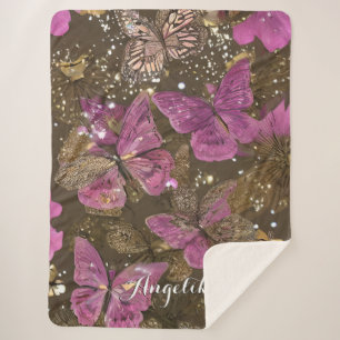 Pink Butterflies and Flowers Personalised Name Sherpa Blanket