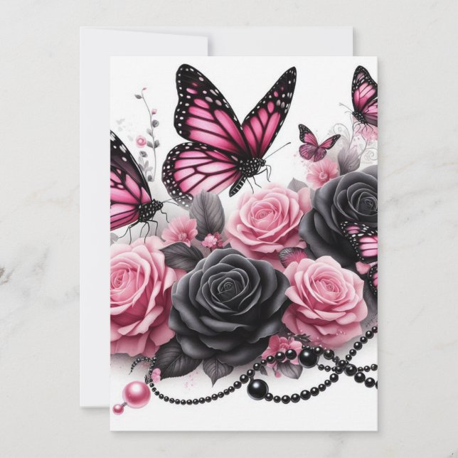 Pink Butterflies and Roses With Black Pearls Invitation (Front)