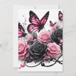 Pink Butterflies and Roses With Black Pearls Invitation