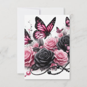 Pink Butterflies and Roses With Black Pearls Thank You Card