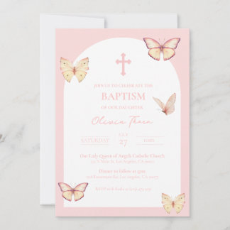 Pink Butterflies Baby Girl Baptism Invitation