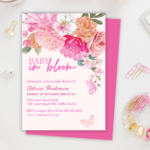 Pink Butterflies Baby in Bloom floral Baby Shower Invitation