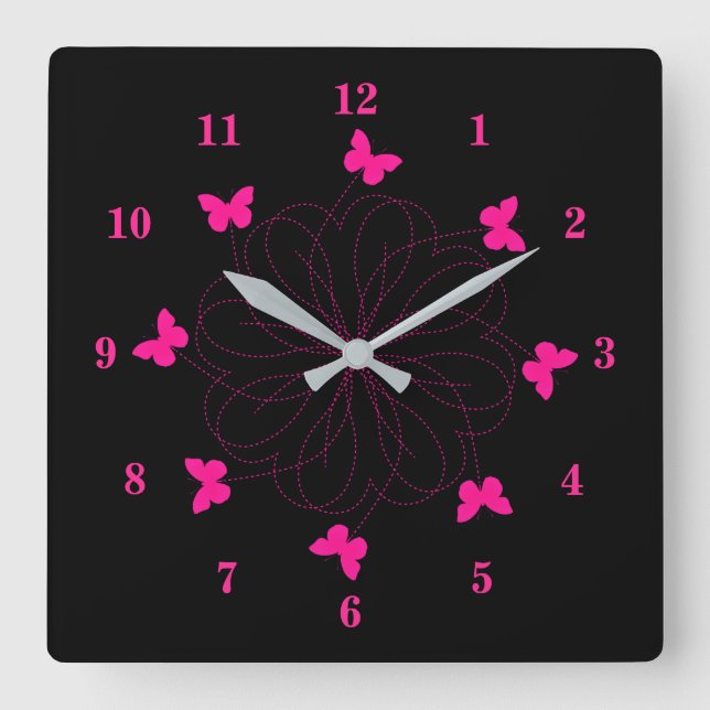 Pink Butterflies Black Wall Clock - Choose Color (Front)