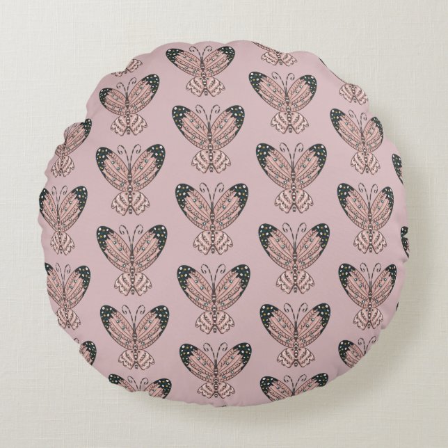 Pink Butterflies Boho Hand Drawn Art Round Cushion (Front)