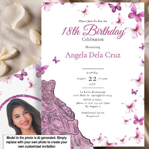 Pink Butterflies Fancy Dress 18th Birthday Debut Invitation