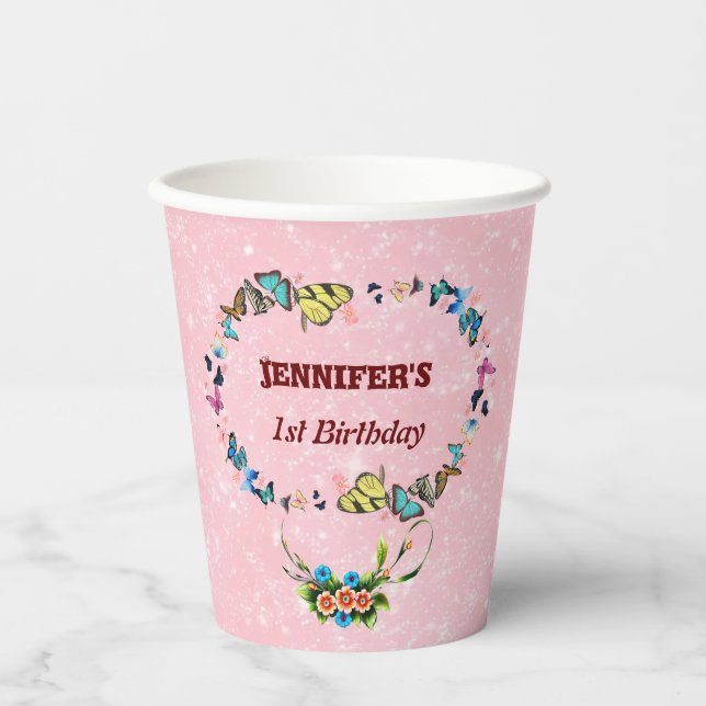 pink butterflies floating Girls 1st birthday party Paper Cups (Front)