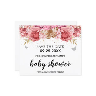 Pink Butterflies Floral Baby Shower Save the Date