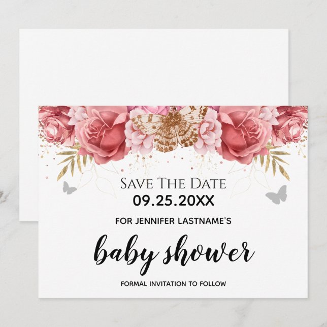 Pink Butterflies Floral Baby Shower Save the Date Invitation (Front/Back)