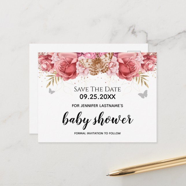 Pink Butterflies Floral Baby Shower Save the Date Postcard (Front/Back In Situ)