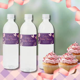Pink Butterflies Floral Purple Baby Shower Water Bottle Label