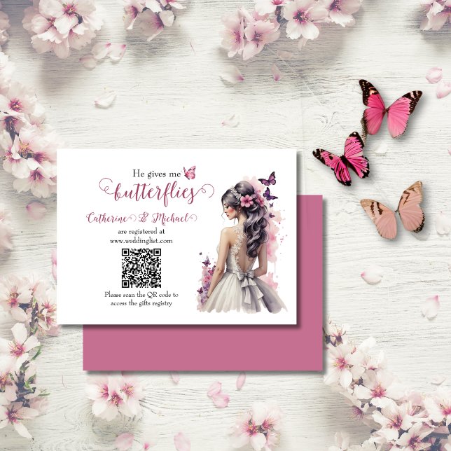 Pink Butterflies Floral Wedding Gown Bridal Shower Enclosure Card (Creator Uploaded)