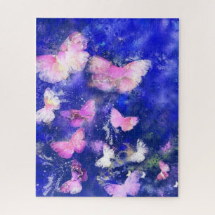 Pink Butterflies Flying in the Blue Night -Drawing Jigsaw Puzzle