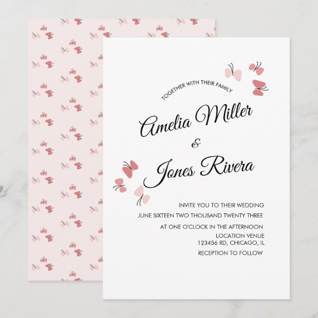 Pink Butterflies Garden Romantic Simple Wedding   Invitation (Front/Back)