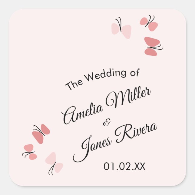Pink Butterflies Garden Romantic Simple Wedding  Square Sticker (Front)