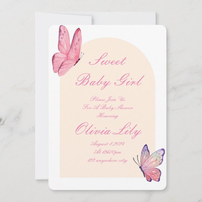Pink butterflies girl baby shower invitation  (Front)
