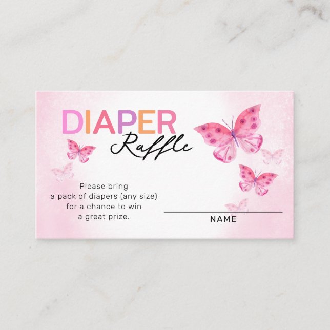 Pink Butterflies Girls Baby Shower Diaper Raffle Enclosure Card (Front)