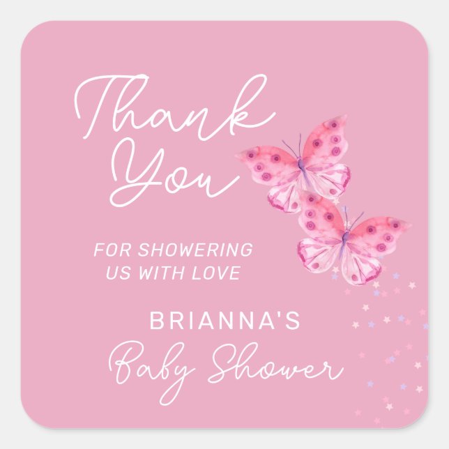 Pink Butterflies Girls Twins Baby Shower Thank You Square Sticker (Front)