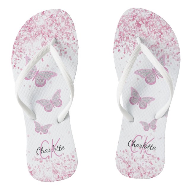 Pink butterflies glitter white name monogram flip flops (Footbed)