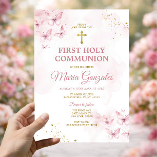 Pink Butterflies Gold Cross First Holy Communion Invitation