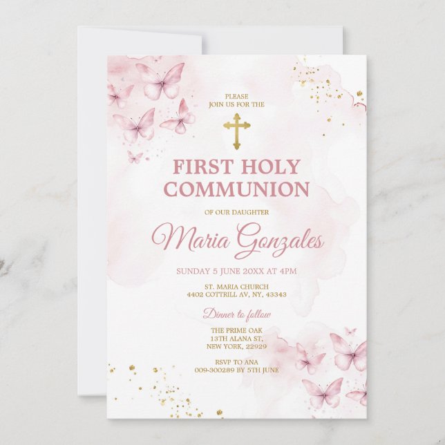 Pink Butterflies Gold Cross First Holy Communion Invitation (Front)