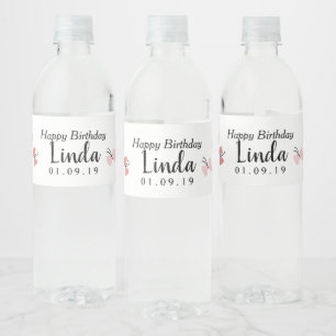 Pink Butterflies Happy Birthday Water Bottle Label