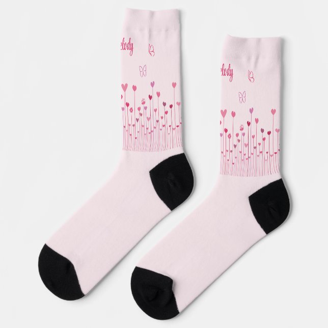 Pink Butterflies Hearts & Flowers Personalised Socks (Left)