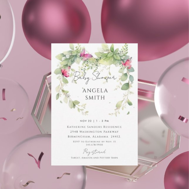 Pink Butterflies in Foliage Elegant Baby Shower Invitation (Creator Uploaded)