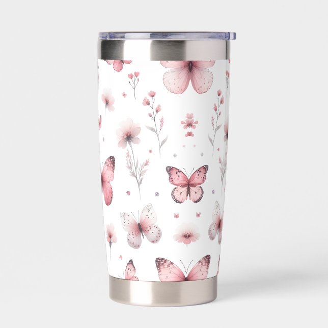 Pink Butterflies  Insulated Tumbler (Left)