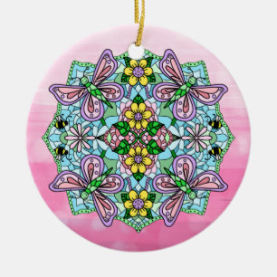 Pink Butterflies Mandala Christmas    Ceramic Tree Decoration