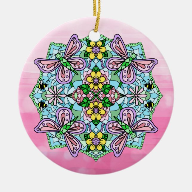 Pink Butterflies Mandala Christmas    Ceramic Tree Decoration (Front)
