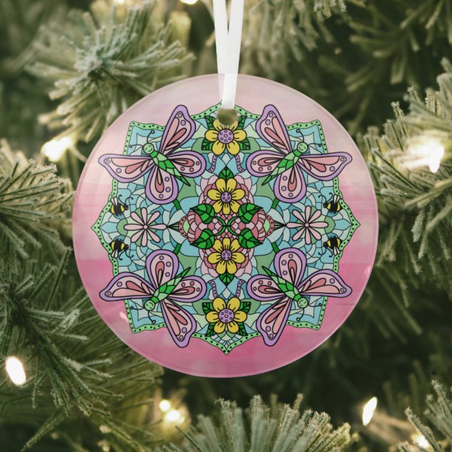 Pink Butterflies Mandala Christmas Glass Tree Decoration (Insitu)