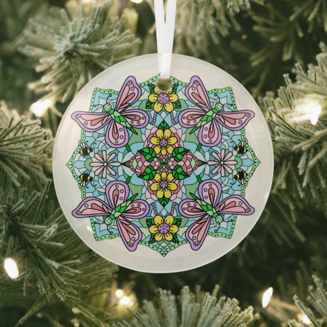 Pink Butterflies Mandala Christmas Glass Tree Decoration (Insitu)