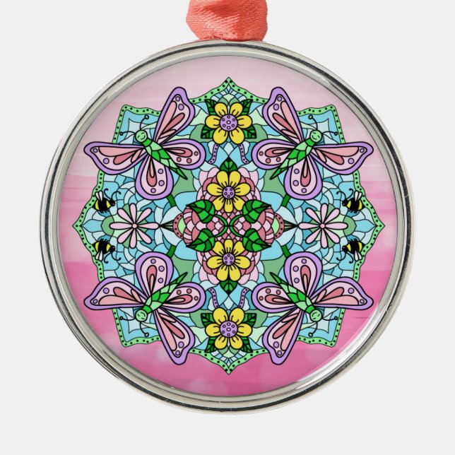 Pink Butterflies Mandala Christmas Metal Tree Decoration (Front)