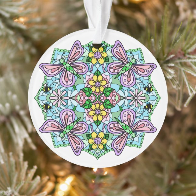 Pink Butterflies Mandala Christmas Ornament (Tree)