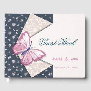 pink butterflies navy blue floral guest book