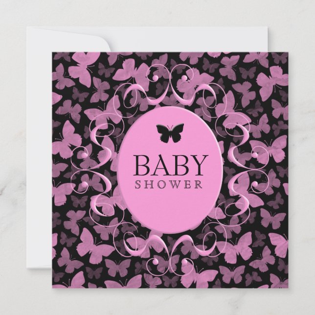 Pink Butterflies on Black Invitation (Front)
