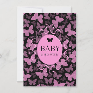 Pink Butterflies on Black Invitation