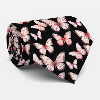 Pink Butterflies on Black Neck Tie