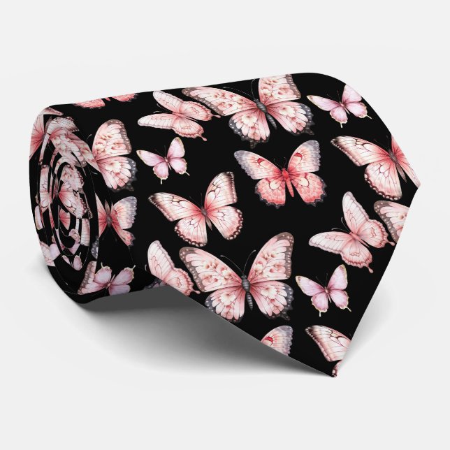Pink Butterflies on Black Neck Tie (Rolled)