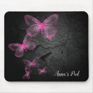Pink Butterflies On Black Rock Mouse Mat