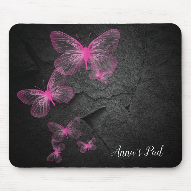 Pink Butterflies On Black Rock Mouse Mat (Front)