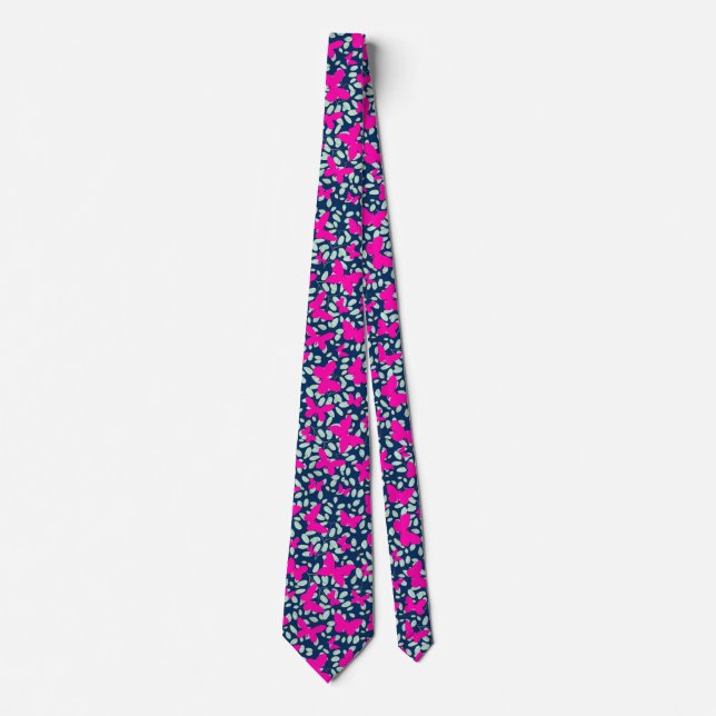 Pink Butterflies on plants D Blue BG Tie (Front)