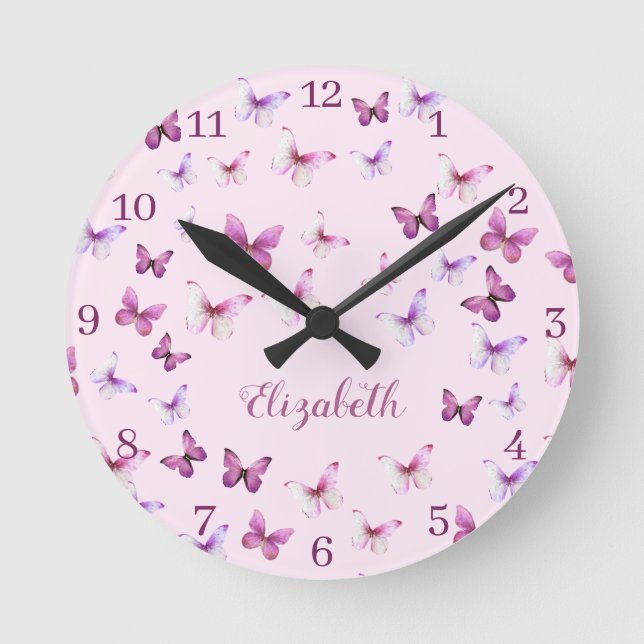 Pink Butterflies Pattern Custom Name Round Clock (Front)