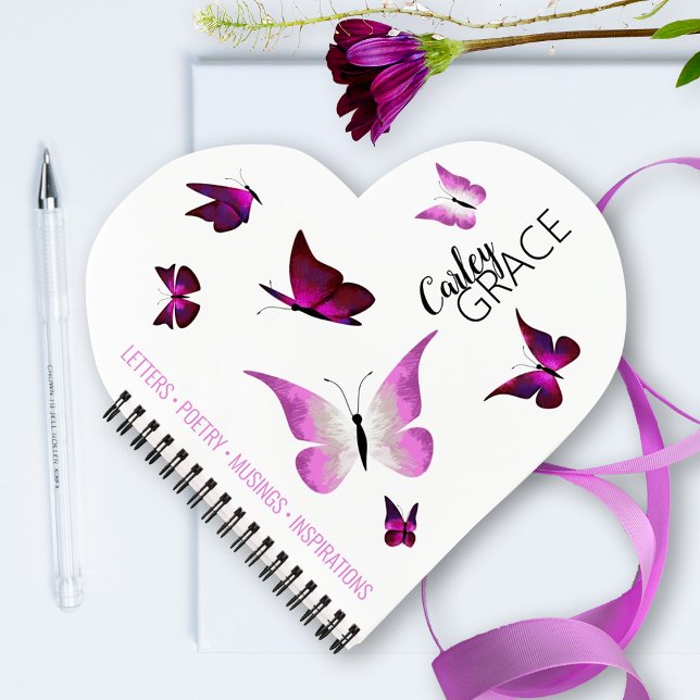 Pink Butterflies Personalised Heart Journal (cute, personalized pink violet butterfly journal, Valentine's day heart-shaped note book for girl)