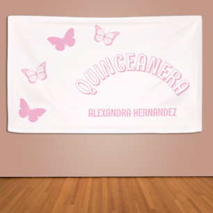 Pink Butterflies Quinceanera Banner