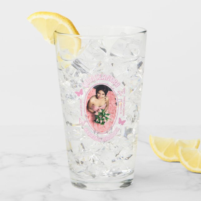 Pink Butterflies Quinceanera Glass (Front Ice)