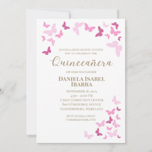 Pink Butterflies Quinceañera Gold Lettering Invitation