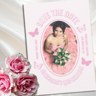 Pink Butterflies Quinceanera Save The Date