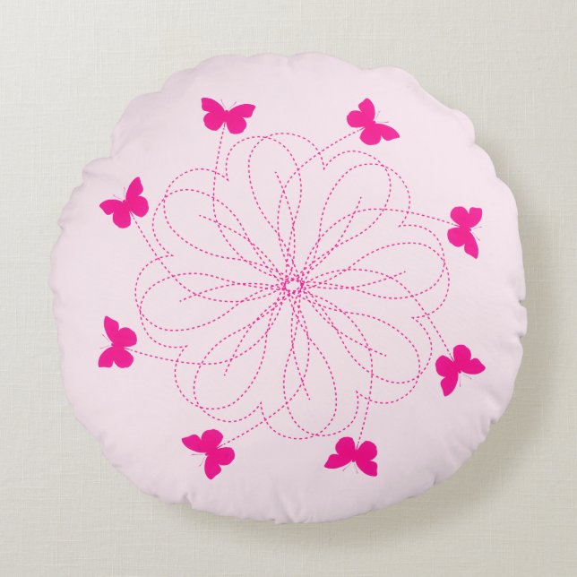Pink Butterflies Round Pillow Heart Flowers (Front)
